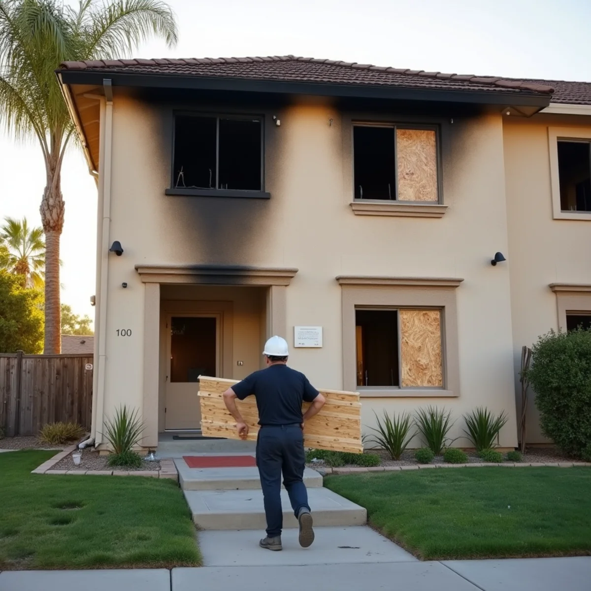 Boarded second-floor windows and soot stains on a two-story apartment building in Buena Park after a fire