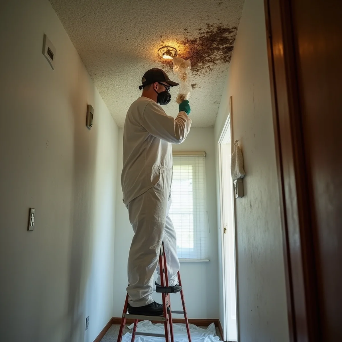 Asbestos consultant in a respirator sampling a fire-damaged popcorn ceiling in a 1960s Orange County home before demolition