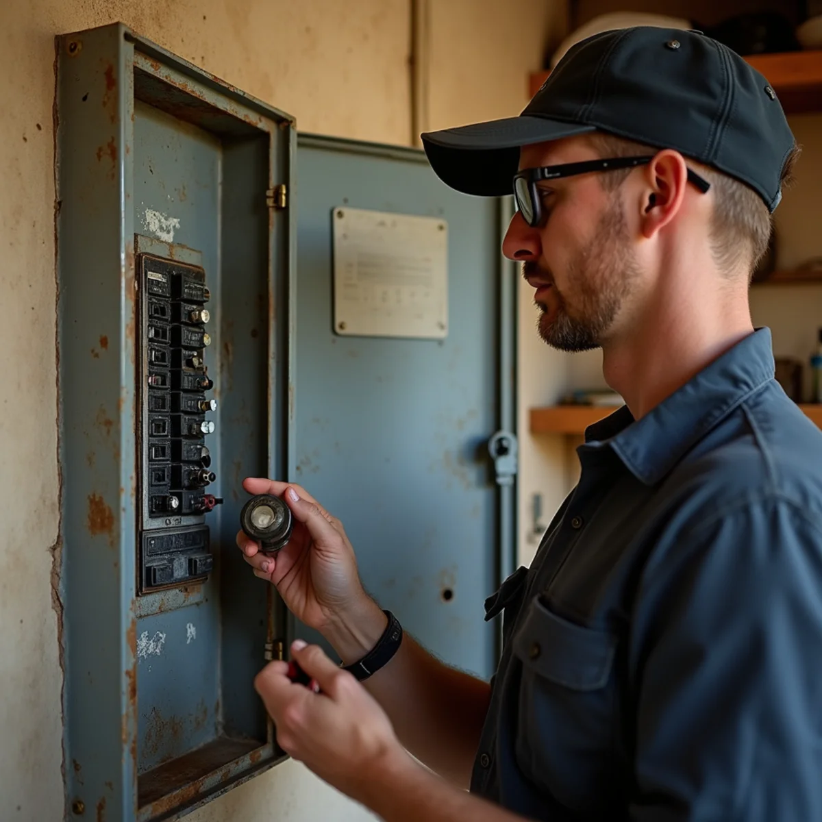 Electrician inspecting an original electrical panel in the garage of a 1960s north Orange County ranch home