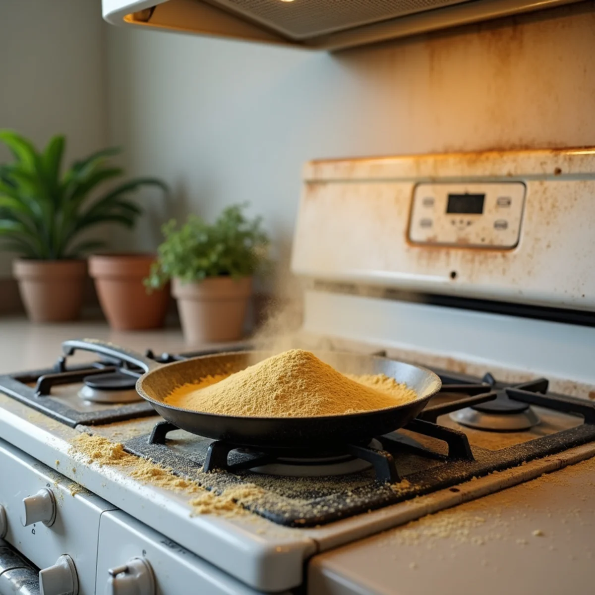 Dry chemical fire extinguisher powder in a frying pan and across a gas stovetop after a small grease fire in a Southern California kitchen