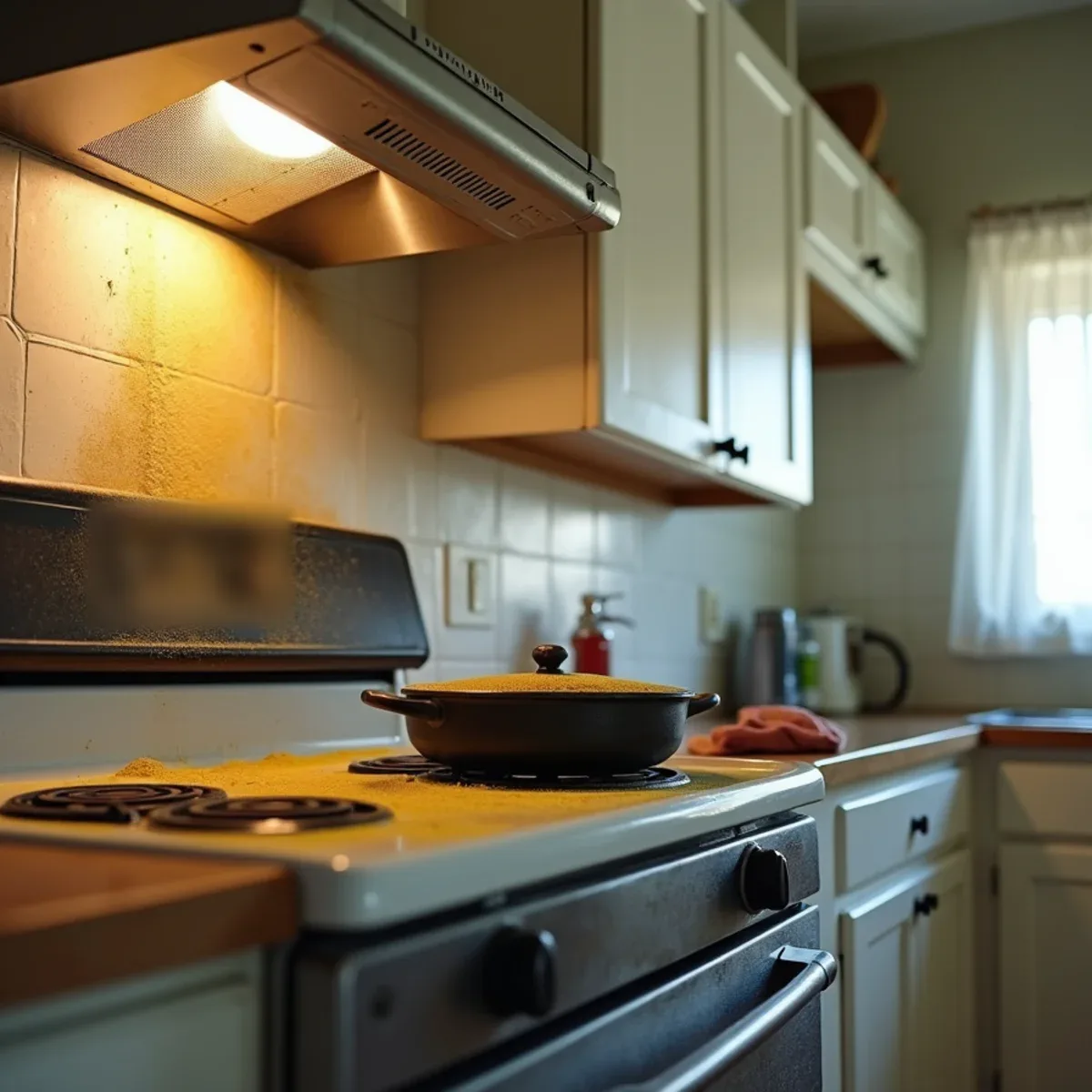 Greasy smoke film and extinguisher residue on the range, hood and backsplash after a small grease fire in a Buena Park kitchen