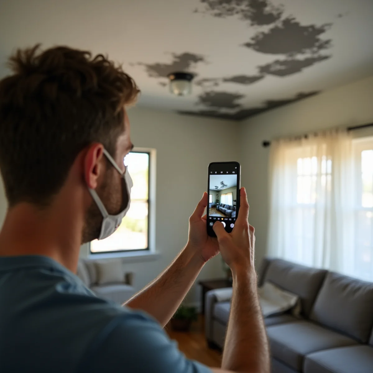 Homeowner photographing smoke-stained walls and ceiling for an insurance claim after a house fire in Buena Park, CA