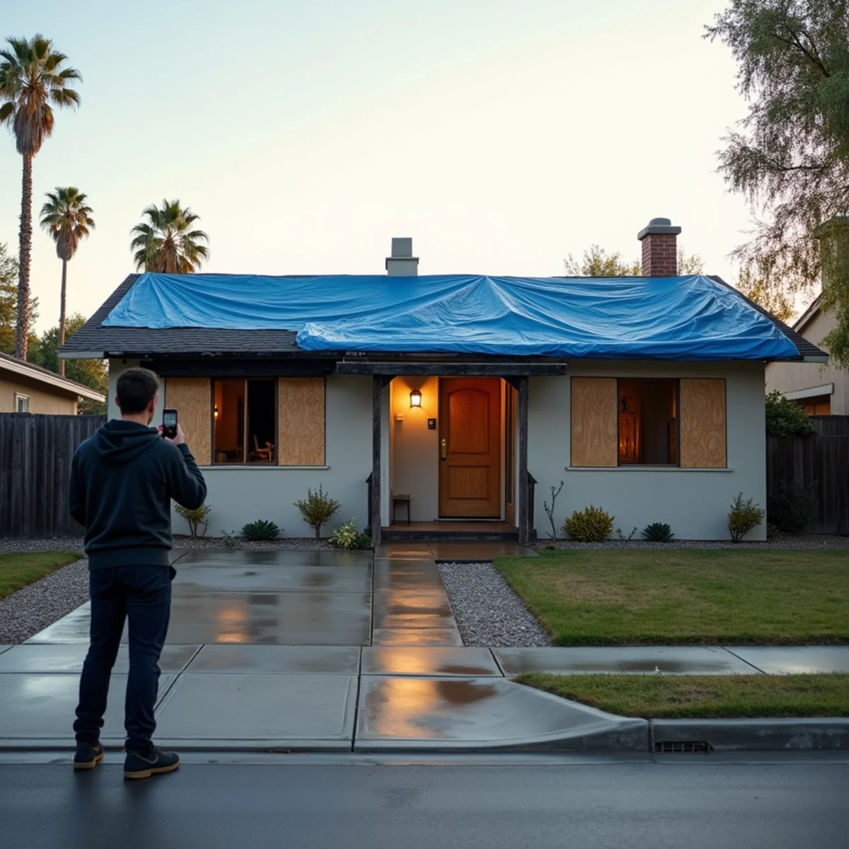 Fire-damaged single-story stucco home in Buena Park at dawn with a tarped roof, plywood over the front windows and a homeowner photographing the exterior