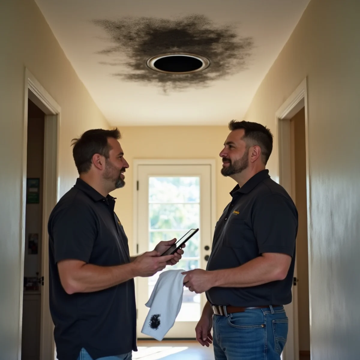 Homeowner and insurance adjuster inspecting a gray smoke-stained ceiling vent inside a Buena Park ranch home after a nearby fire