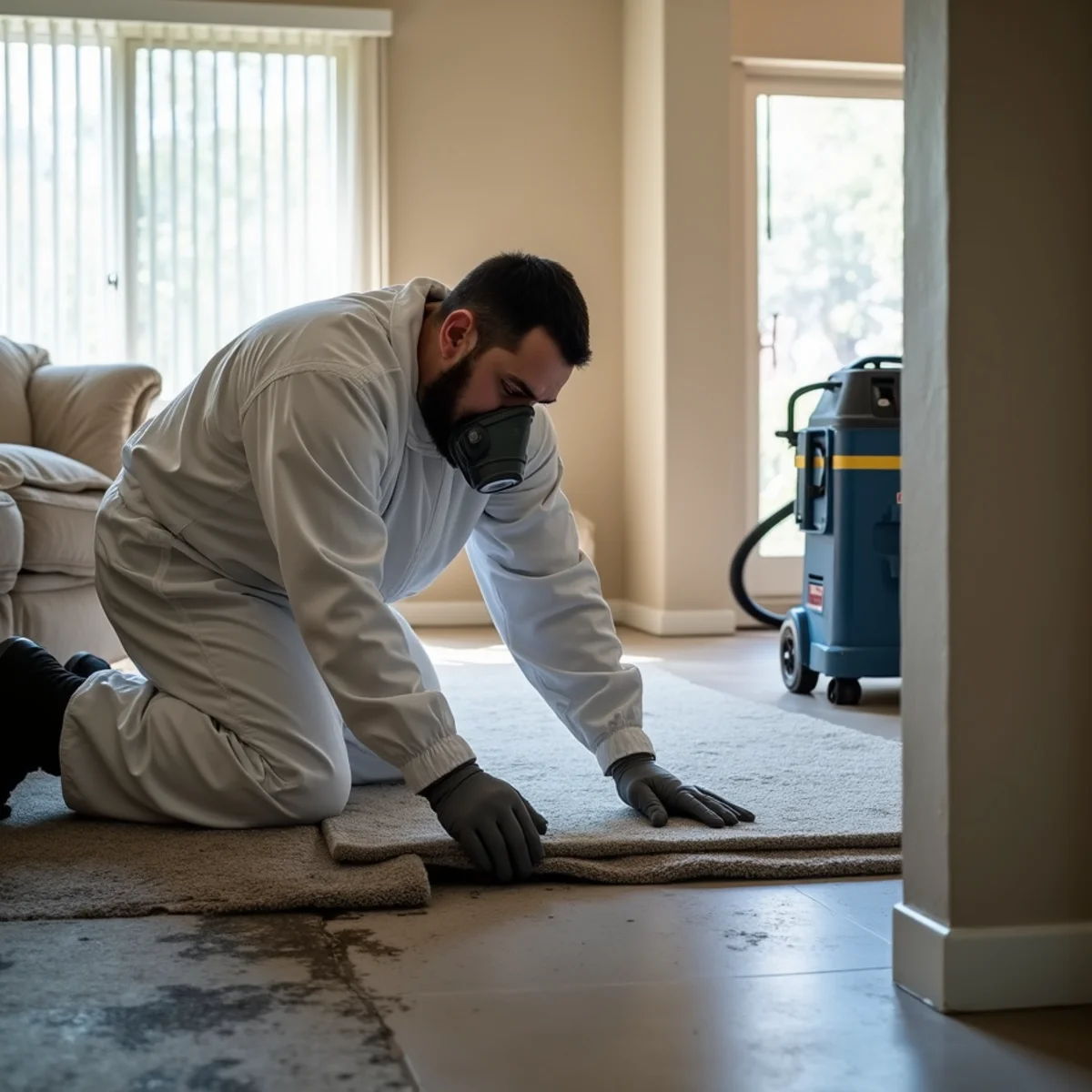 Restoration technician pulling up smoke-soaked carpet and pad to remove the source of smoke odor in an Anaheim apartment