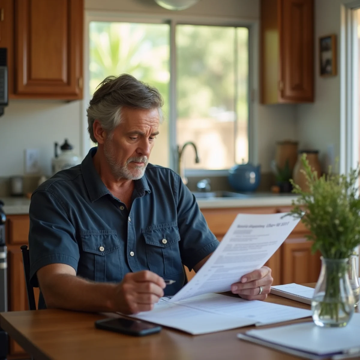 Homeowner reviewing a fire restoration checklist at a kitchen table in a Buena Park, CA ranch home