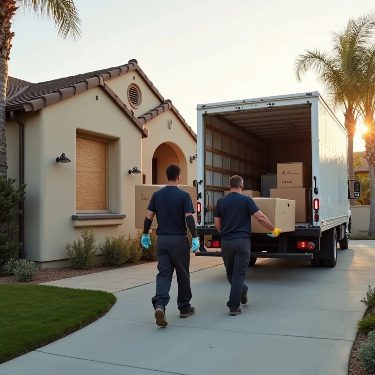 Restoration crew carrying labeled moving boxes out of a fire-damaged Buena Park ranch home to an unmarked white truck