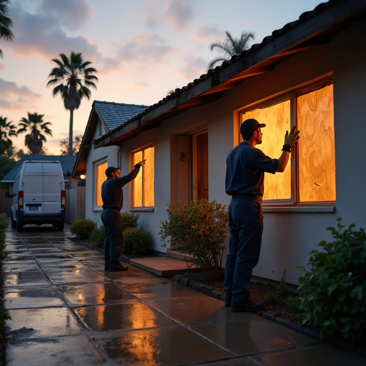 Crew boarding up the fire-damaged front windows of a single-story stucco ranch home in Buena Park, CA at dusk