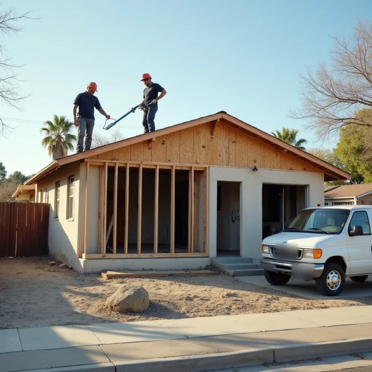 Contractors framing new walls and roof rafters on a fire-damaged single-story ranch home being rebuilt in Buena Park