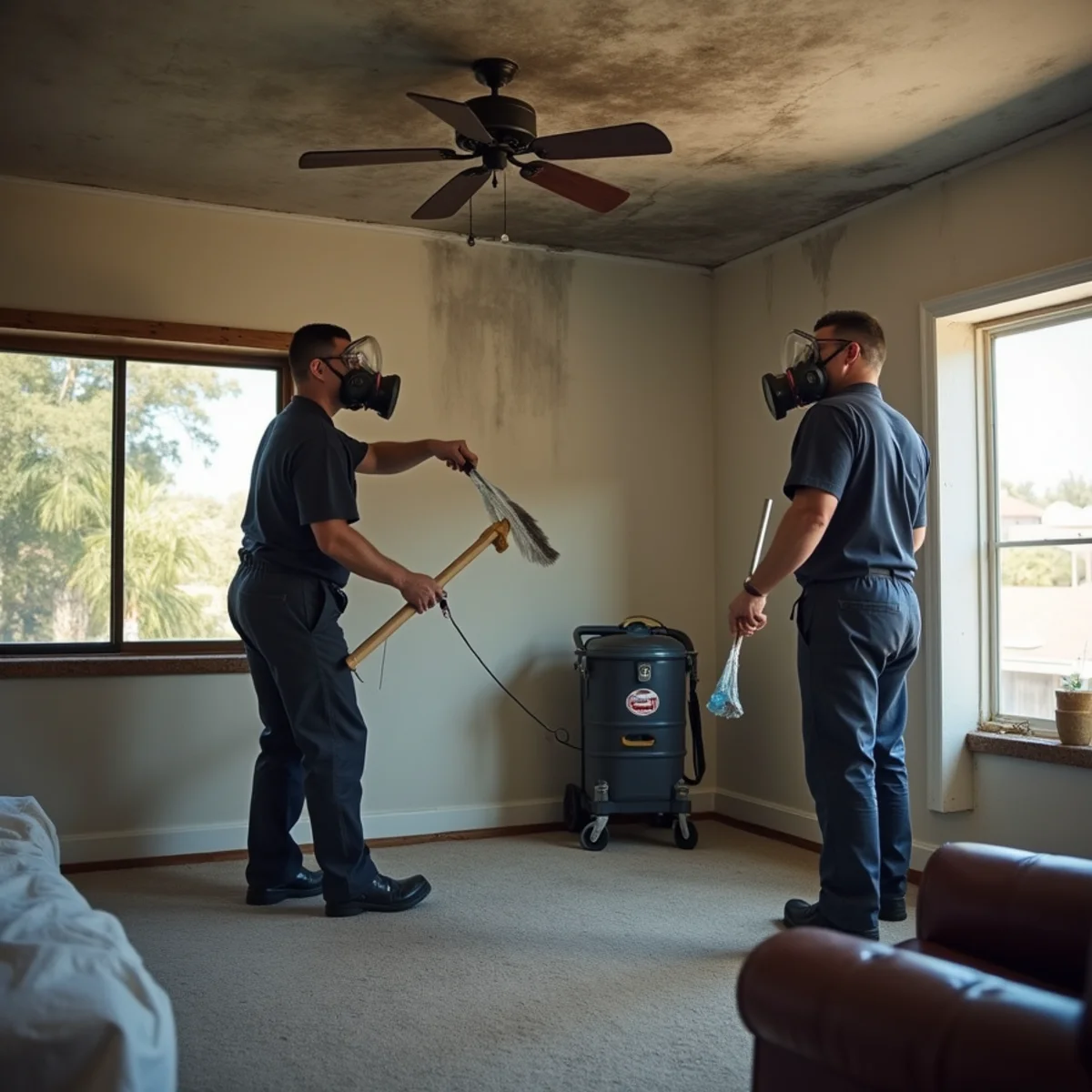 Restoration technicians in respirators cleaning soot from a living room ceiling in a Buena Park ranch home