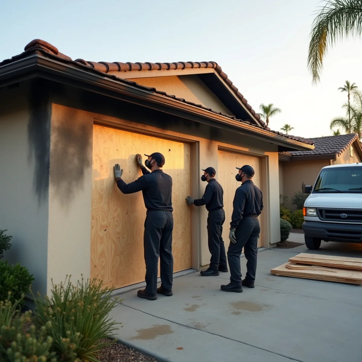 Fire restoration crew boarding up the fire-damaged garage of a smoke-stained single-story home in Buena Park, CA