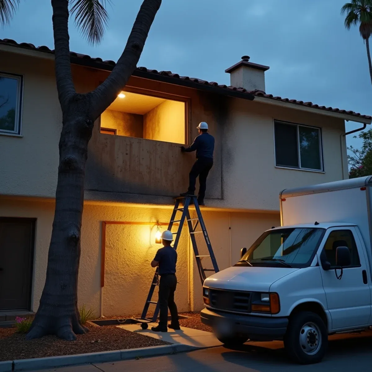 Crew boarding up a fire-damaged window on a two-story apartment building in west Anaheim, CA