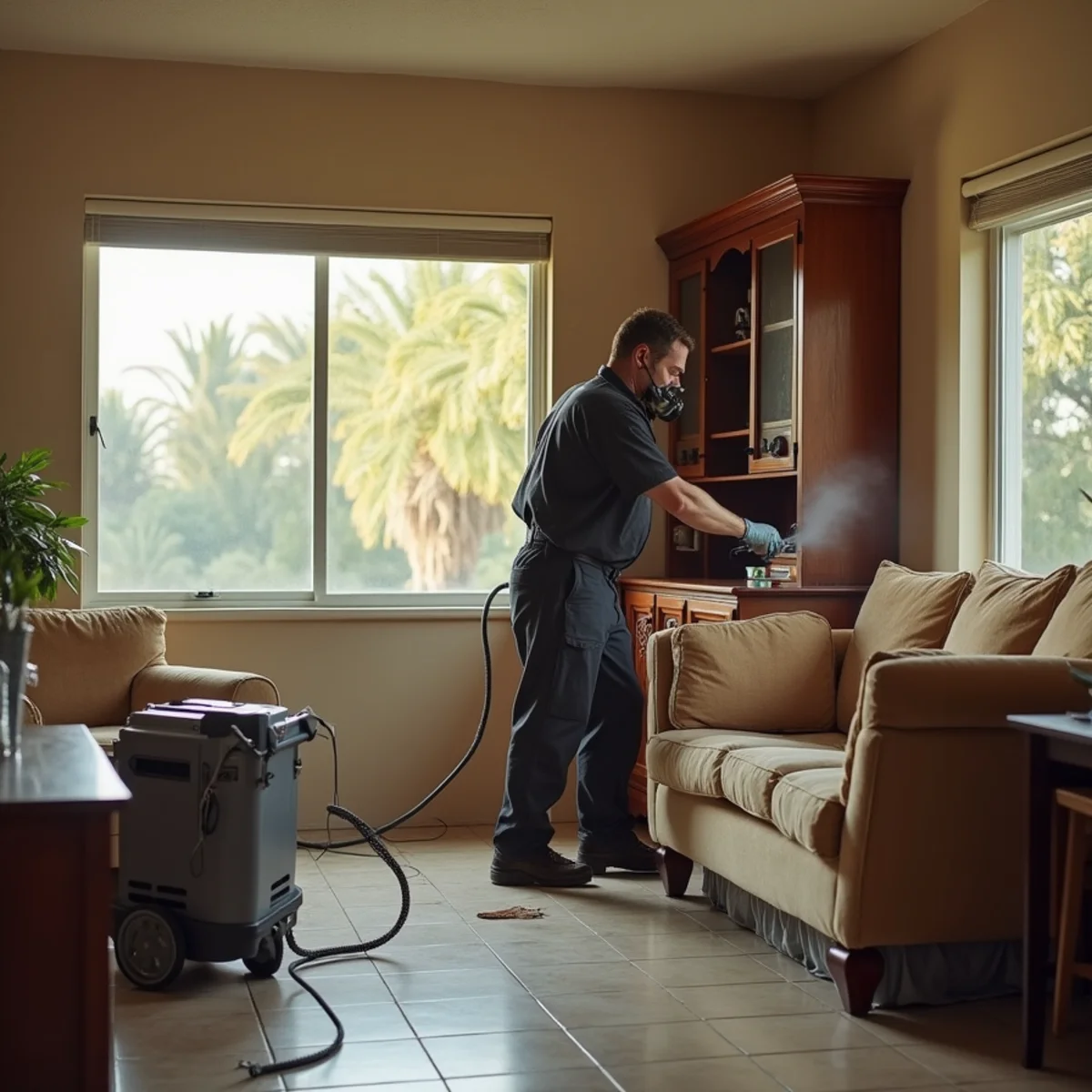 Technician in gloves cleaning smoke film from a living room cabinet in a 1970s Cerritos, CA home while an air scrubber runs