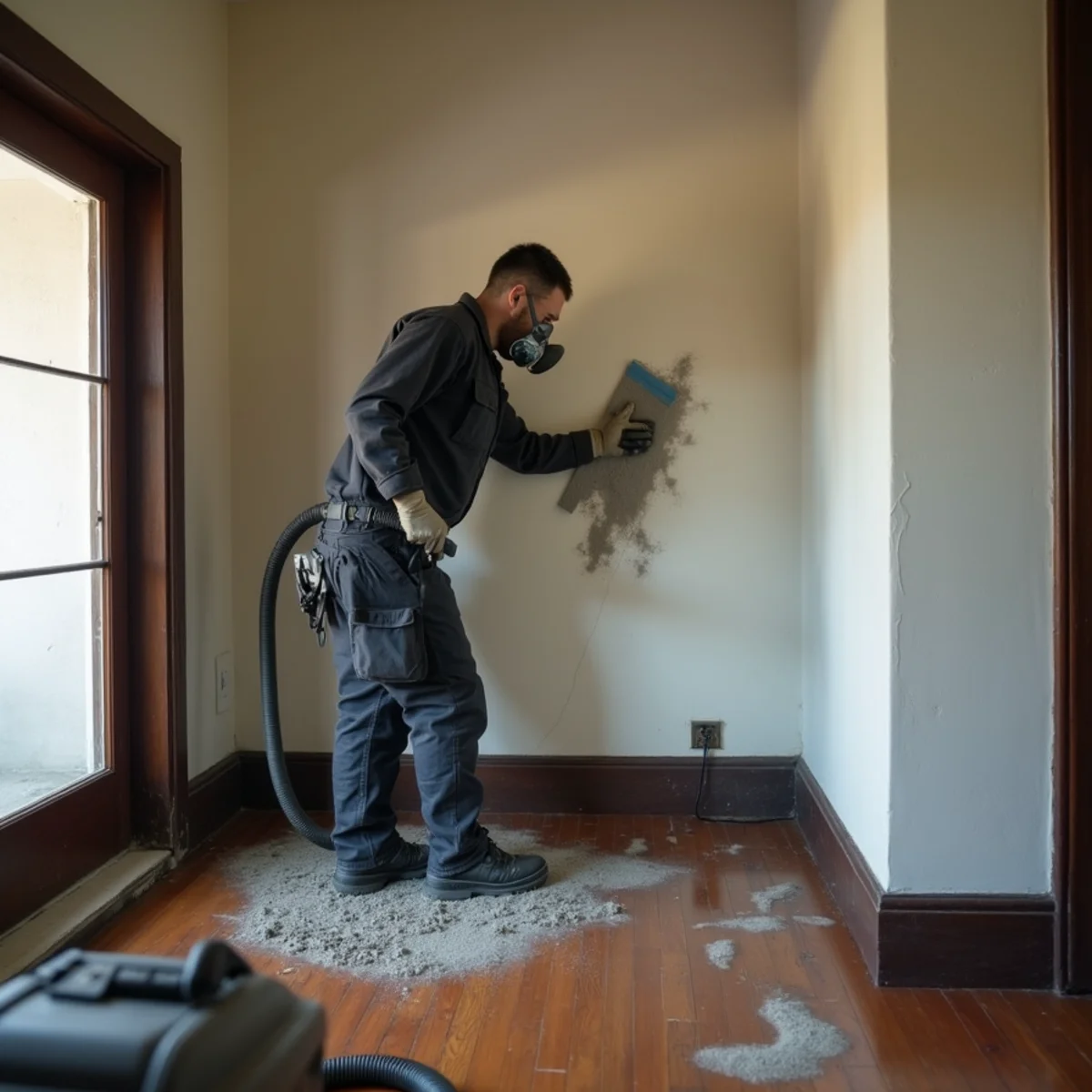 Restoration technician dry-sponging soot from a plaster wall inside an older La Habra bungalow