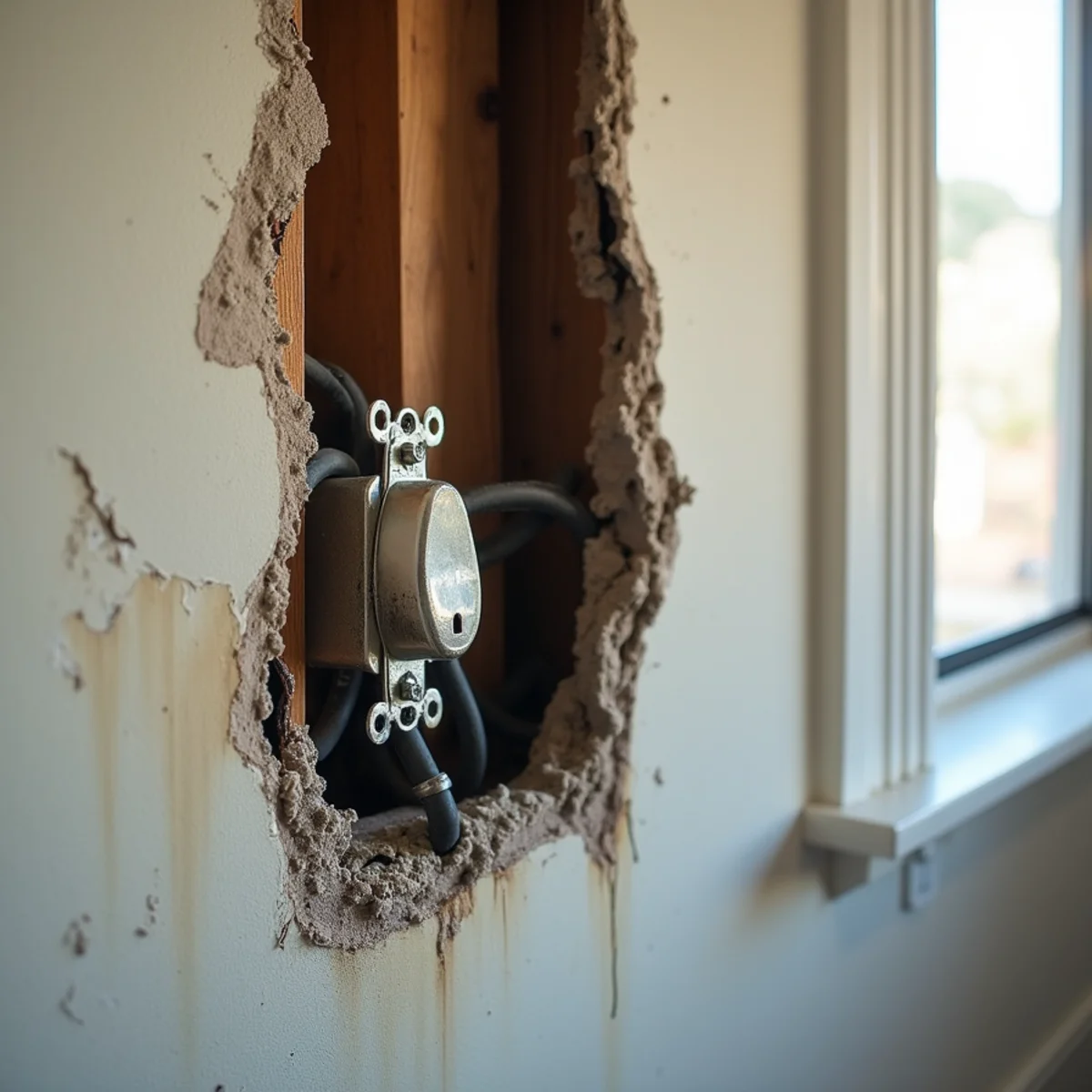 Opened bedroom wall in a 1950s La Mirada, CA home exposing old wiring behind an outlet box after a small electrical fire