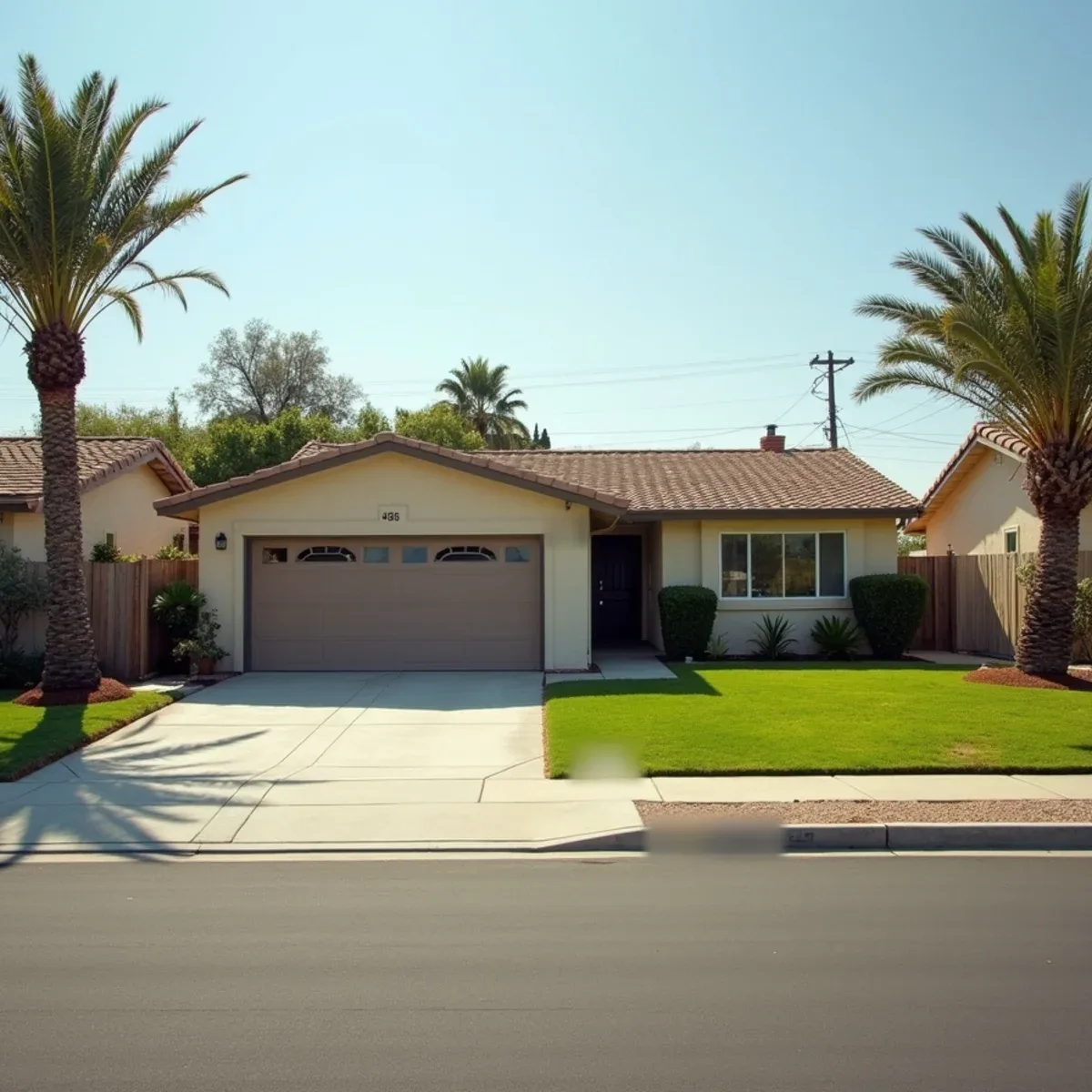 Single-story stucco ranch home with an attached two-car garage on a quiet La Palma, CA street