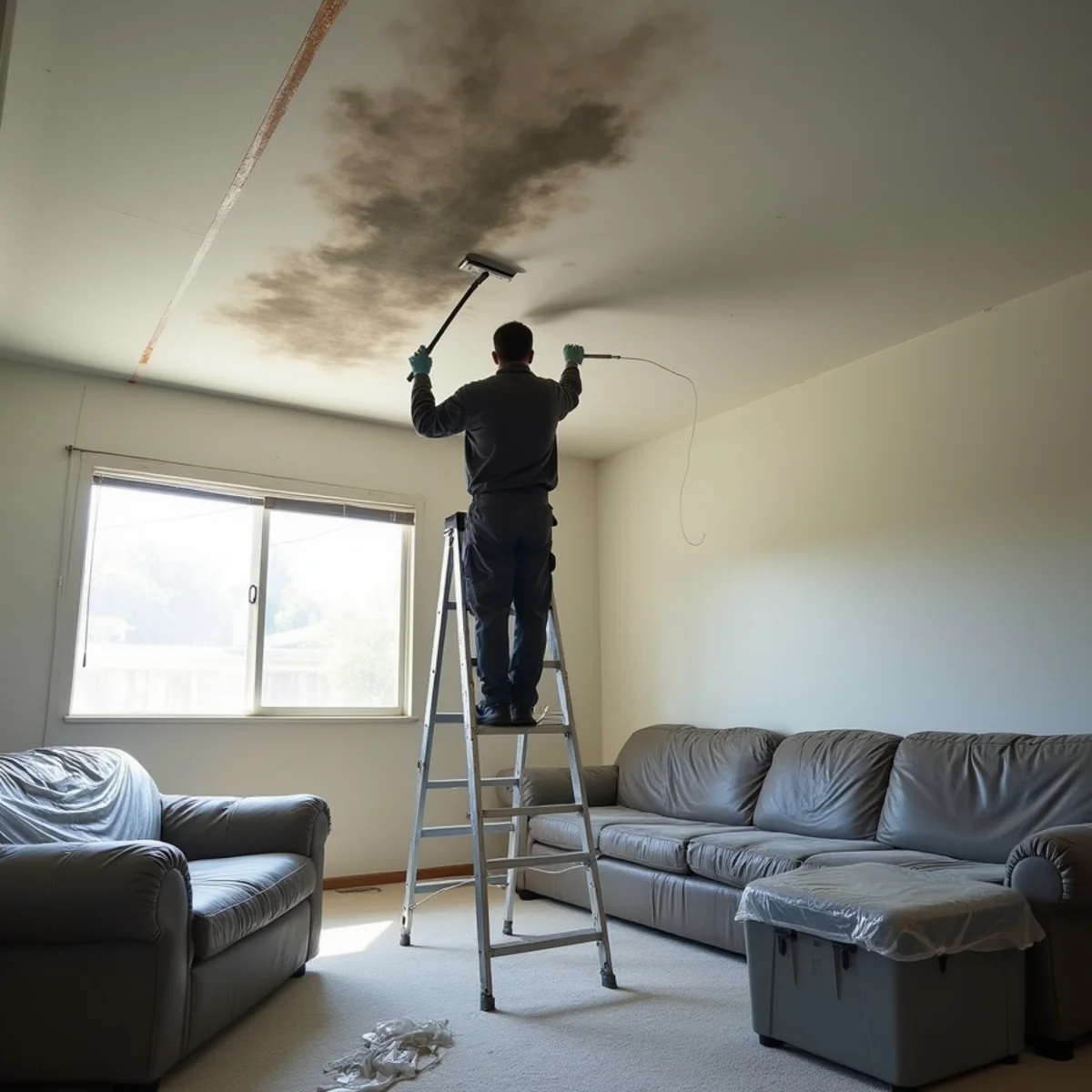Restoration technician on a ladder cleaning smoke residue from a living room ceiling in a single-story Buena Park ranch home