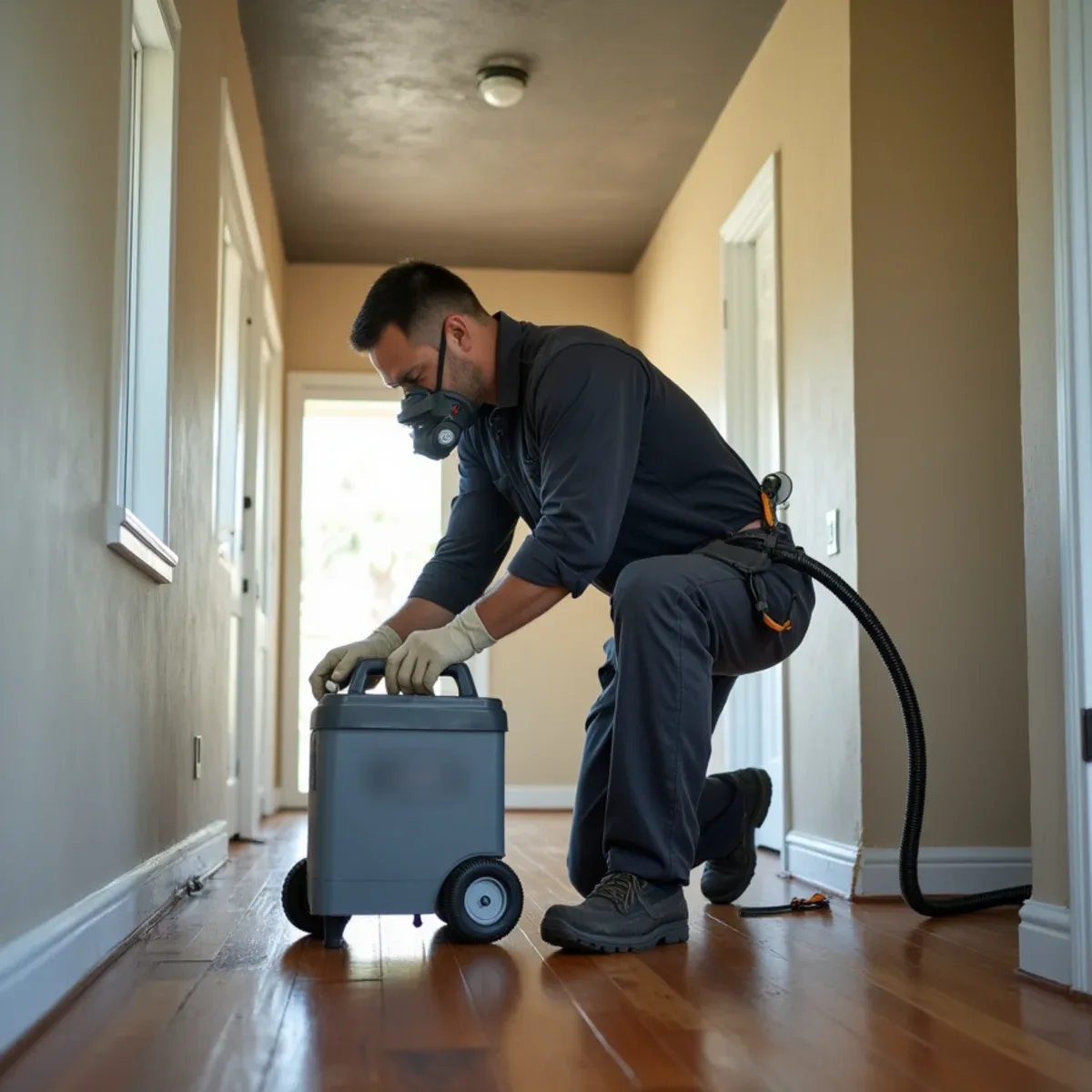 Restoration technician setting up deodorizing equipment in the living room of a smoke-damaged Buena Park ranch home