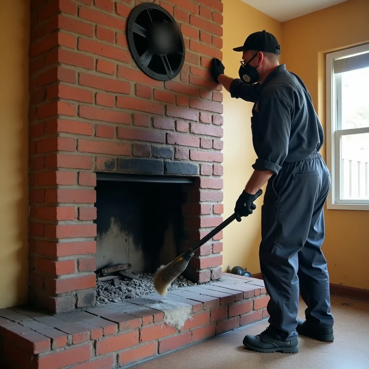 Technician scrubbing soot from a brick fireplace surround with a nylon brush in the living room of a Buena Park ranch home