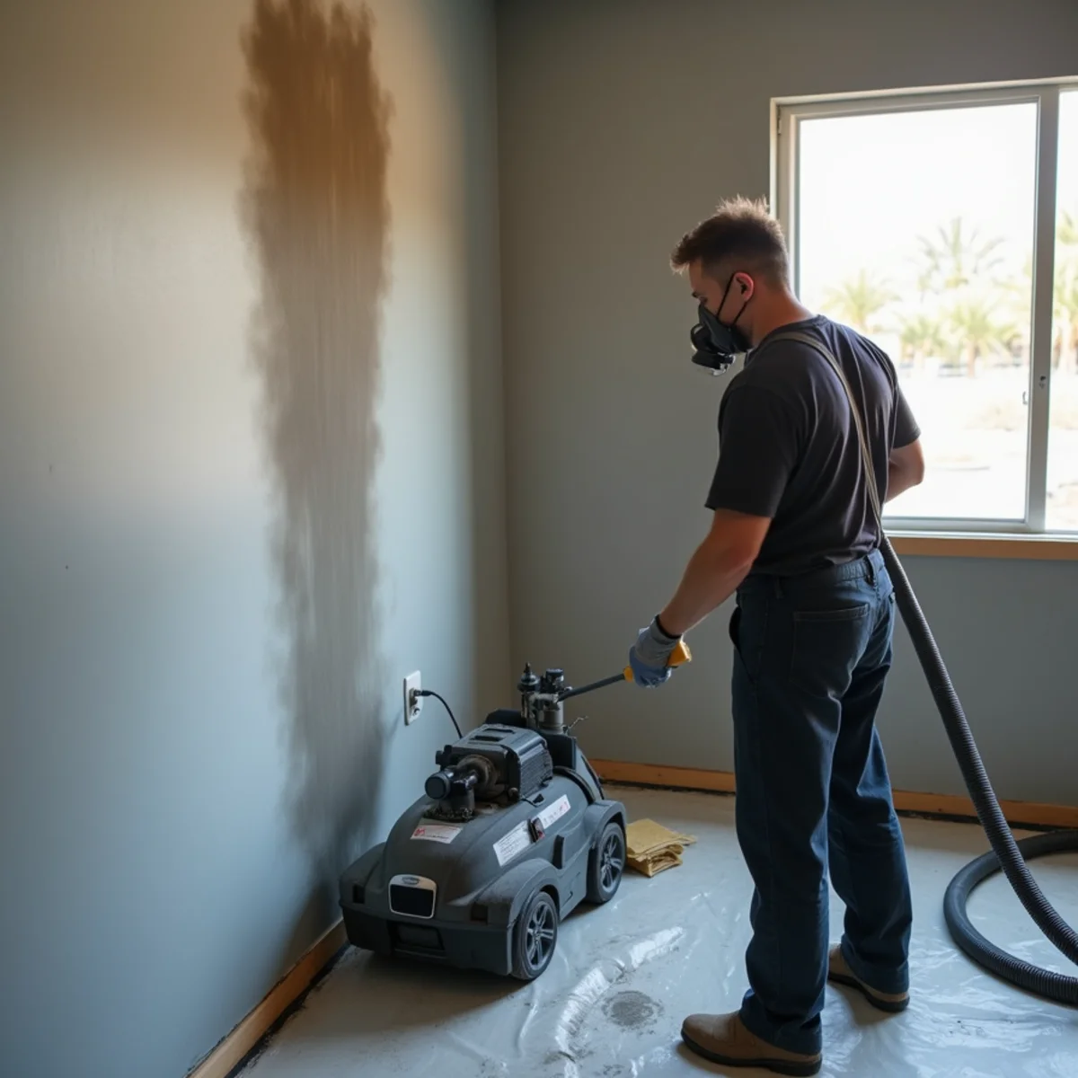 Technician in a respirator HEPA-vacuuming a soot streak from a painted wall in a Buena Park home